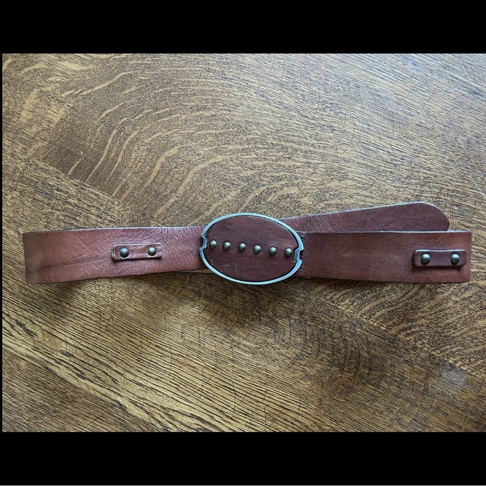 Western Boho Leather Belt / Mahogany Brown / Brass Studs / Statement Buckle